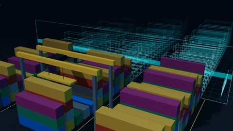 Wireframe Digital Twin Sweeping Across A Stacked Container Terminal Yard Stock Footage 344562508