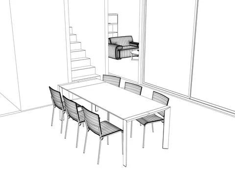 Wireframe Dining room home interior graphic black white sketch illustration Stock Illustration