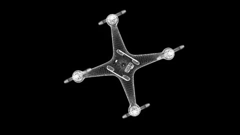 Wireframe Drone Model in Black Background with Rotating Propellers Stock Footage 341778564