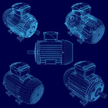 Wireframe Electric generator motor set. Vector 3d isometric. Creative Illustrazione stock