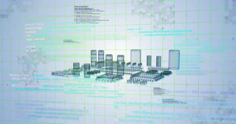 Wireframe electronics appearing on green grid forming circuit as camera orbiting Stock Footage 309721961