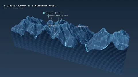 Wireframe Elevation Model Detached Glacier Runout Mountain Valley Stock Footage 343963065