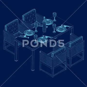 Wireframe Formal Table Setting. Isometric view. Vector illustration Illustrazione stock