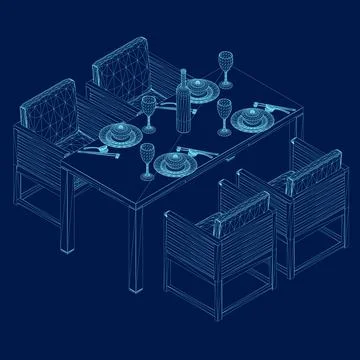 Wireframe Formal Table Setting. Isometric view. Vector illustration Stock Illustration