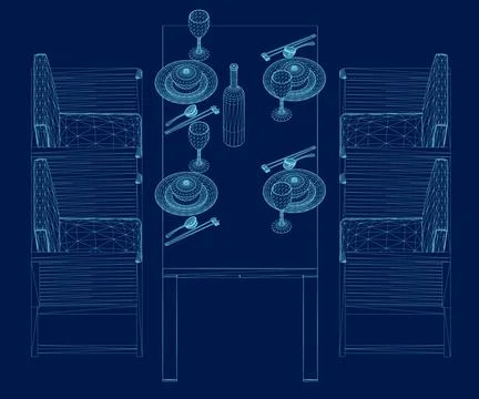 Wireframe Formal Table Setting. Side view. Vector illustration Stock Illustration