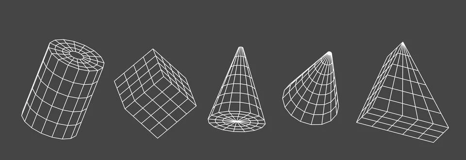 Wireframe geometric shapes 3d render. Abstract digital objects from line grid 스톡 일러스트