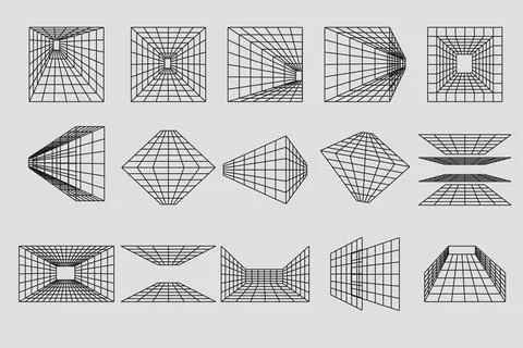 Wireframe geometric shapes in different phormes. Abstract 3d grid design. U.. Stock Illustration