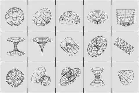 Wireframe geometric shapes in different phormes. Abstract 3d grid design. Uni Stock Illustration