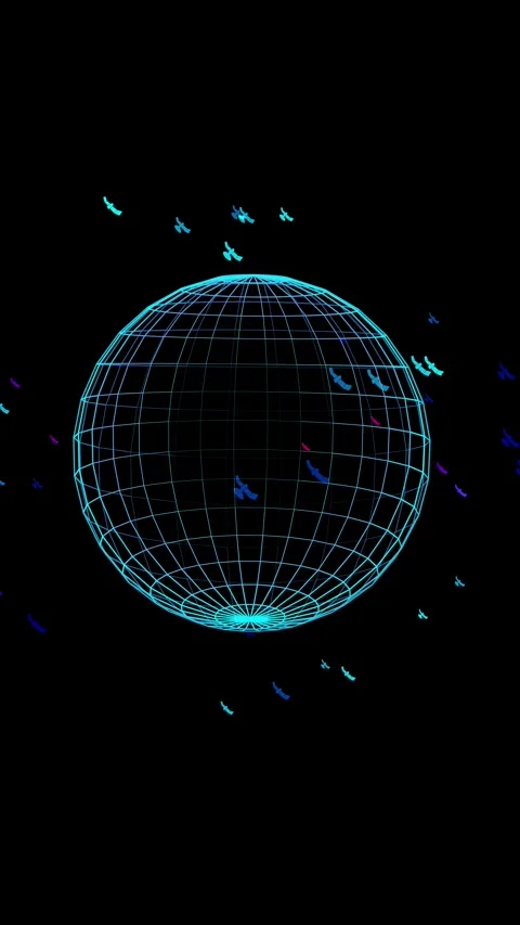 Wireframe globe with abstract flying shapes on black background, futuristic conc Stock Footage 340564108