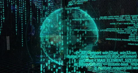 Wireframe globe appearing activating streaming code rotating pulsing data rings Stock Footage 312467182