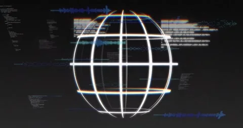 Wireframe globe appearing and rotating, glitch lines, code, waveform graphics Stock Footage 320069114