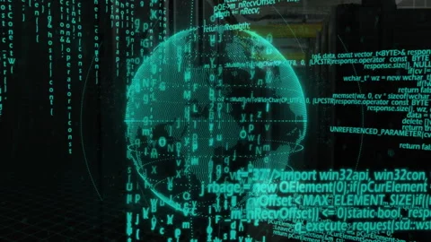 Wireframe globe appearing center, code forming, rings pulsing and streams Stock Footage 310668480