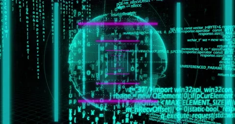 Wireframe globe appearing rotating as bars fading and code streaming orbiting it Stock Footage 310780605