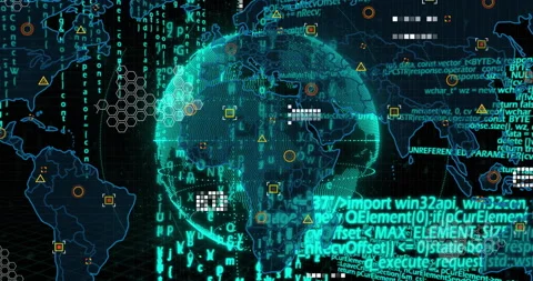 Wireframe globe appearing, rotating with code streams and data nodes forming, Stock Footage 312639181