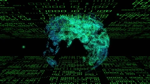 Wireframe globe appearing, rotating, nodes brightening, digits scrolling, Stock Footage 335211570