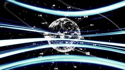 Wireframe globe is being shown in 3D with numbered nodes and neon beams Stock Illustration