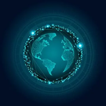 Wireframe globe with circular interface elements. International data exchange 库存插图