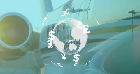 Wireframe globe emerging over jet dollar sign appearing as currency icons orbit Video stock 315716063