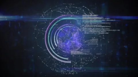 Wireframe globe emerging triggers nodes converging and rings rotating, Stock Footage 315370969