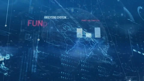 Wireframe globe floating in blue 3D HUD, displaying data bars, network paths, Stock Footage 329293010