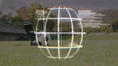 Wireframe globe forming around soccer ball initiating tech and glitch text as Видео 311049374