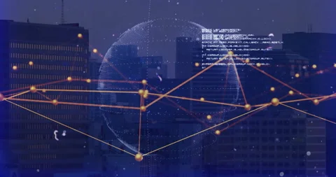 Wireframe globe forming triggers nodes appearing, lines connecting, code fading Stock Footage 311586049