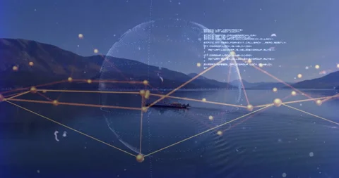 Wireframe globe with golden nodes, floating code snippets hovering over lake Video stock 307430715