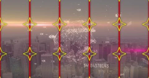Wireframe globe hovering above skyline at dusk, with numeric data, grid lines, 스톡 사진