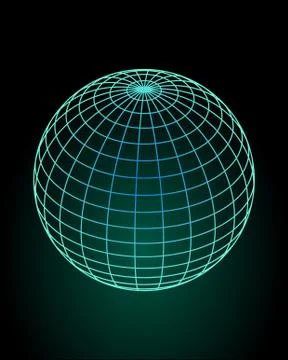 Wireframe globe model in green and blue design, green glow on black background Stock Illustration