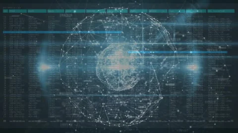 Wireframe globe network showing data panels, animating connected nodes and code Stockbeeldmateriaal 307857616