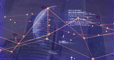 Wireframe globe pulsing with network nodes in urban skyline, with code text Stock Photos