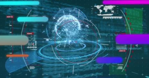 Wireframe globe rotating in control panel, with holographic rings and floating Stockfoto's