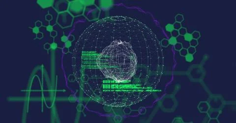 Wireframe globe rotating in data display, with green code panels, hexagon Stock Photos