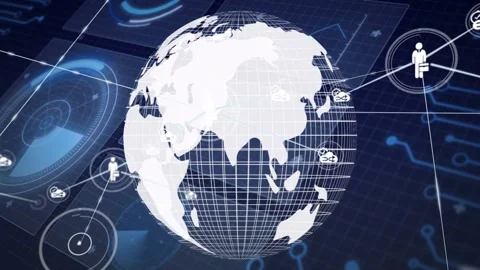 Wireframe globe rotating on data feed, revealing continents, spawning nodes and Video stock 332545291