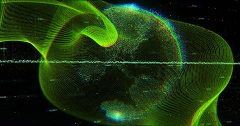 Wireframe globe rotating in digital void, with neon contours waveform, Stock Photos