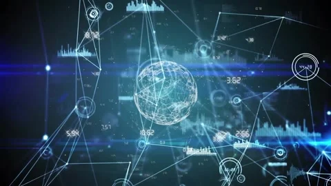 Wireframe globe rotating inside hologram interface, showing data nodes, charts, Stock Footage 329772200