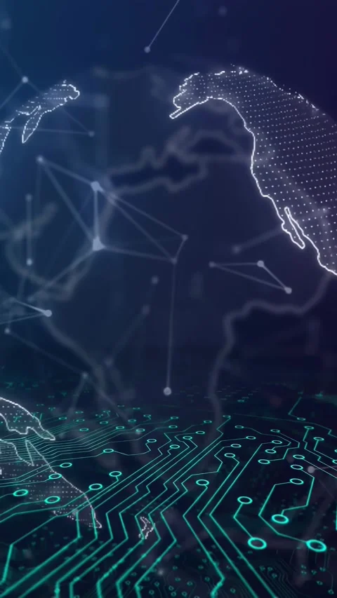 Wireframe globe rotating over teal circuit plane, animation starting and Stock Footage 331046943