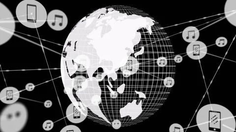 Wireframe globe rotating, phone and music icons spawning offscreen, linking, Stock Footage 331820491