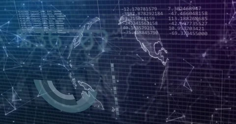 Wireframe globe rotating, pie slices assembling, activating data panels and Stock Footage 328384457