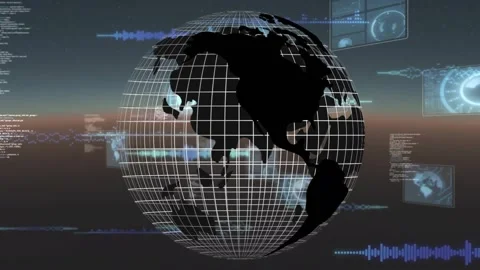 Wireframe globe rotating right, playback starting HUD waves pulsing, showing Stock Footage 330540811
