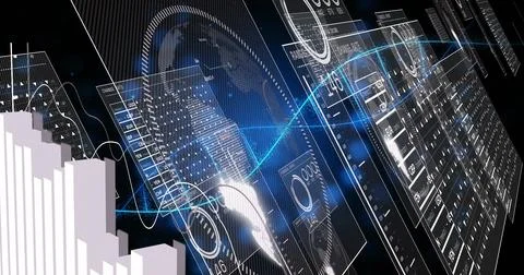 Wireframe globe rotating in virtual environment, HUD panels, blue line graph, Stock Illustration