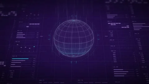Wireframe globe spinning and scanning on purple HUD dashboard with data panels Vídeo Stock 347354817