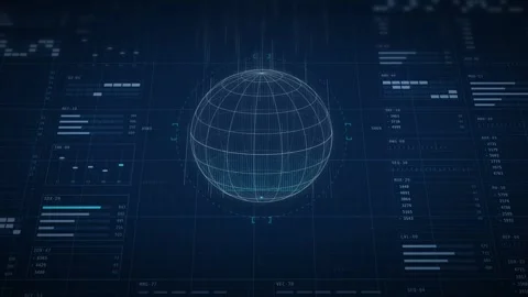 Wireframe globe spinning and scanning on blue HUD dashboard with data panels 스톡 동영상 347366042