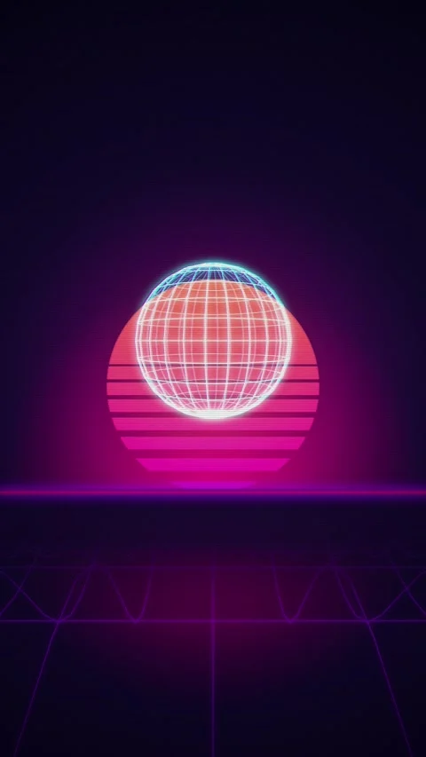 Wireframe globe synthwave sun rotating seamless loop motion background Stock Footage 346417374