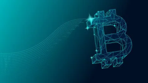 Wireframe glowing bitcoin symbol flying with sparkles on blue background Stock Illustration