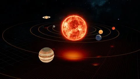 Wireframe Gravity Simulation of Sun, Jupiter Planets in Solar System Side Shot Stock Illustration
