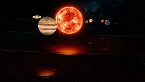 Wireframe Gravity Simulation of Sun, Jupiter Planets in Solar System Side Shot Stock Illustration