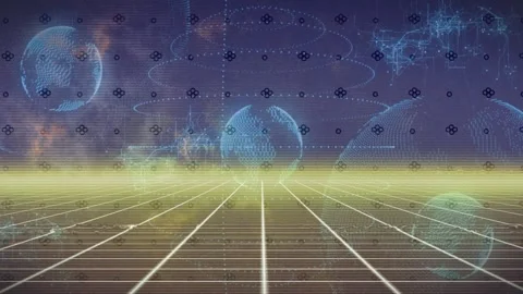 Wireframe grid and holographic spheres reacting to scanline sweep, revealing Stock Footage 330258291