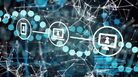 Wireframe grid appearing with code streaming, lock and device icons linking into Stock Footage 314174334
