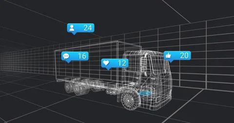 Wireframe grid forming, semi-truck fading in, icons materializing, counts rising Stock Footage 312844916